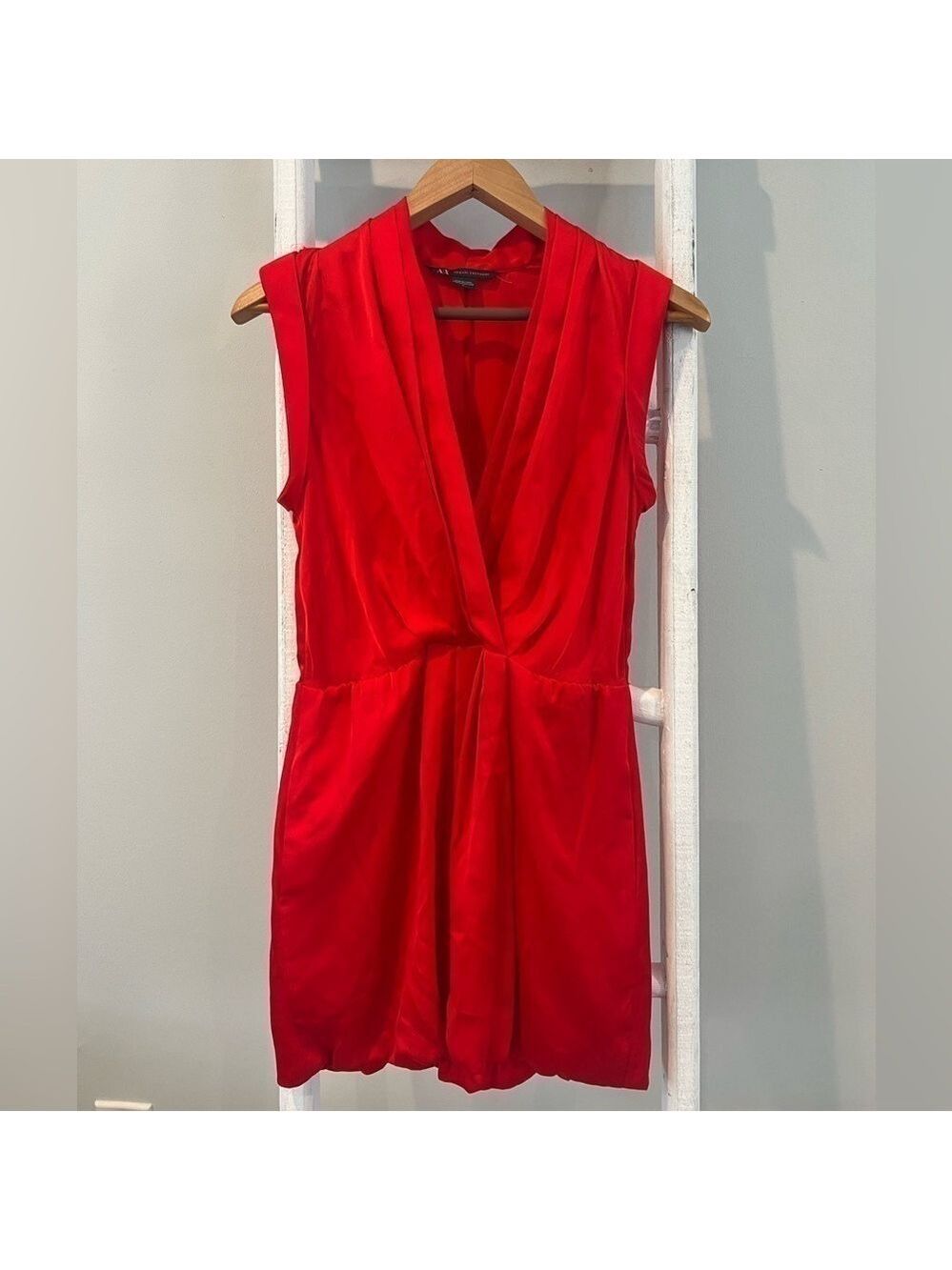 ARMANI exchange red silky wrap style elastic waist bubble hem dress pockets 0